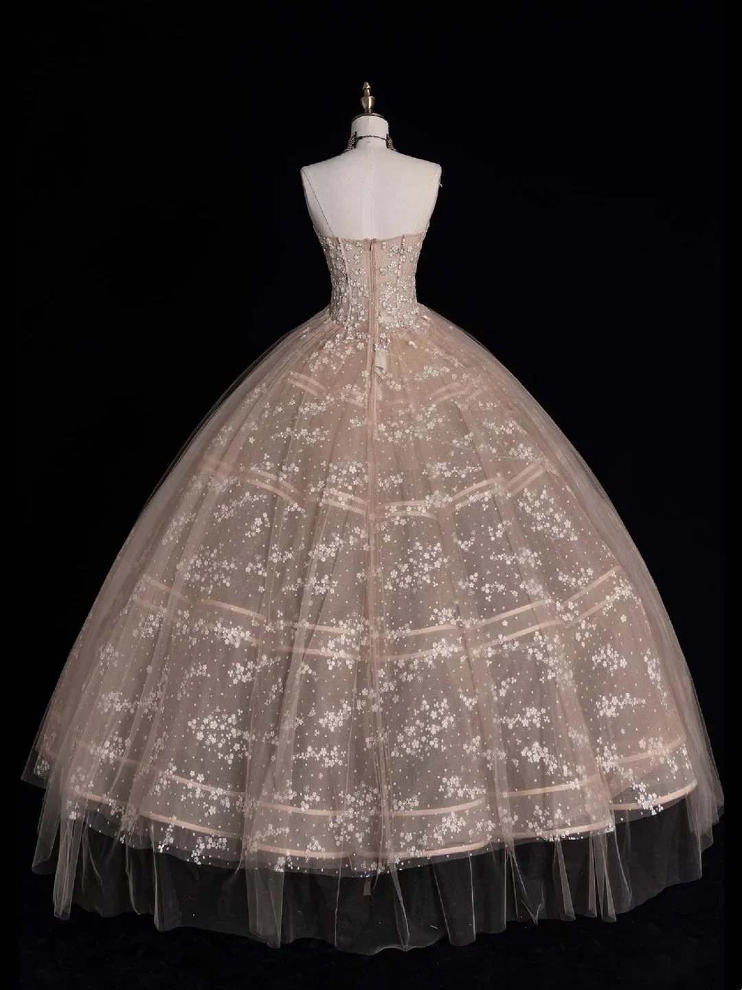 Ball Gown Strapless Champagne Sleeveless With Applique Tulle Long Quinceanera Dresses Sweet 15 16  Dress D4263