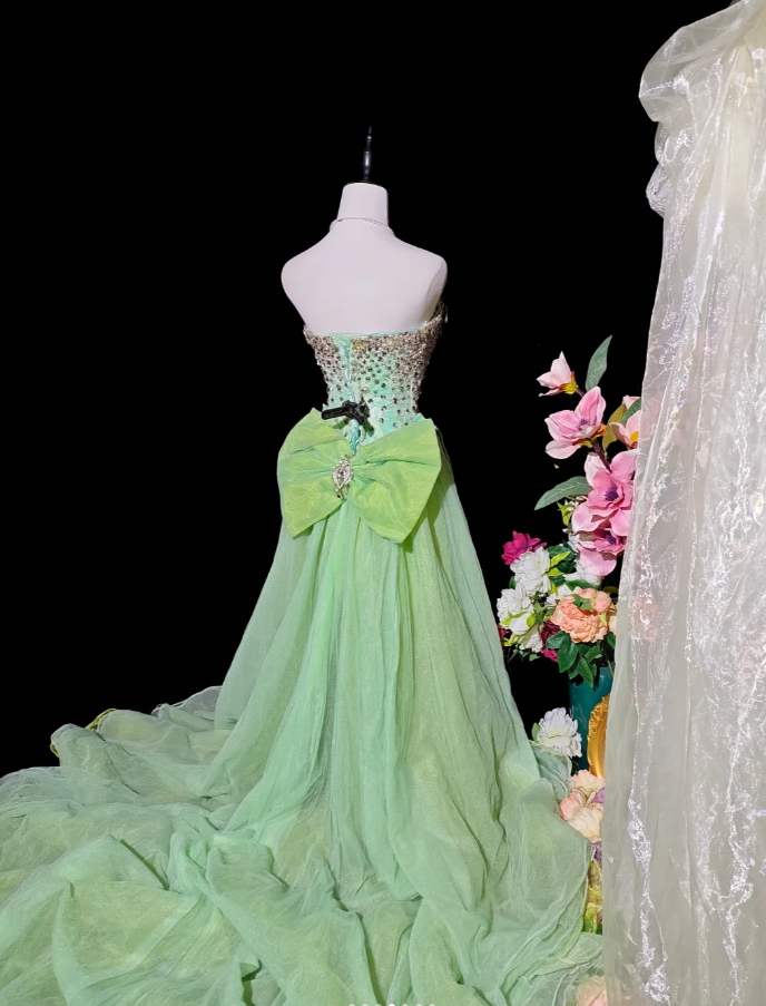 Unique Green Strapless Satin Tulle Beaded Long Birthday Party Dress Prom Gown D2372