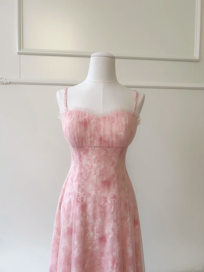 Pretty Spaghetti Straps Pink Tulle Lace A Line Long Evening Dress Prom Dress D2981