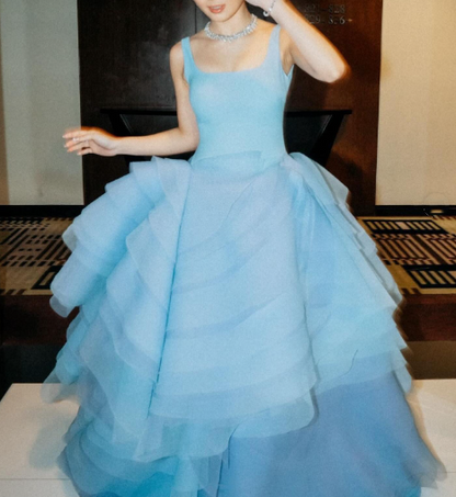 Glamorous Spaghetti Straps Blue Tulle Layered Ball Gown Long Evening Dress D1872