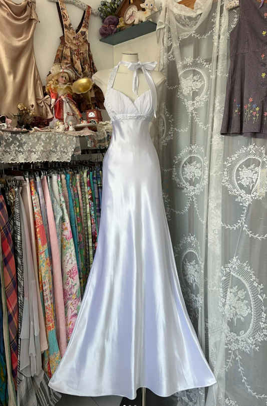Elegant White Halter satin Beaded Long Wedding Guest Dress Backless Mermaid Evening Dress D1669