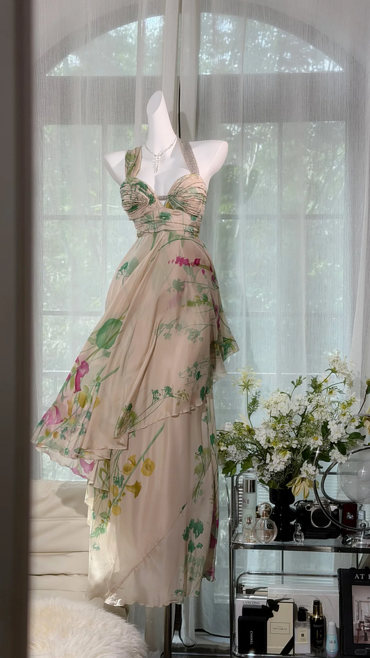 Classy Chiffon Printed Floral Long Party Dress Birthday Prom Dress D2931