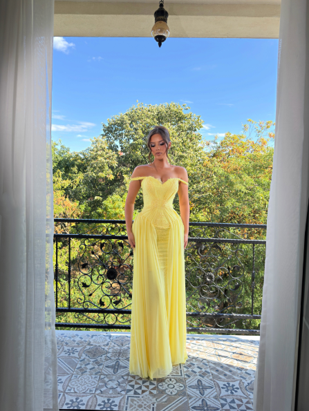 Elegant Yellow Chiffon Lace Evening Dress Off The Shoulder Long Party Gown D5260