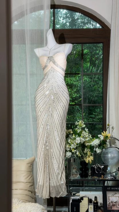 Gorgeous Spaghetti Straps Light Champagne Chiffon Sequin Beaded Mermaid Evening Dress Long Party Gown D2936