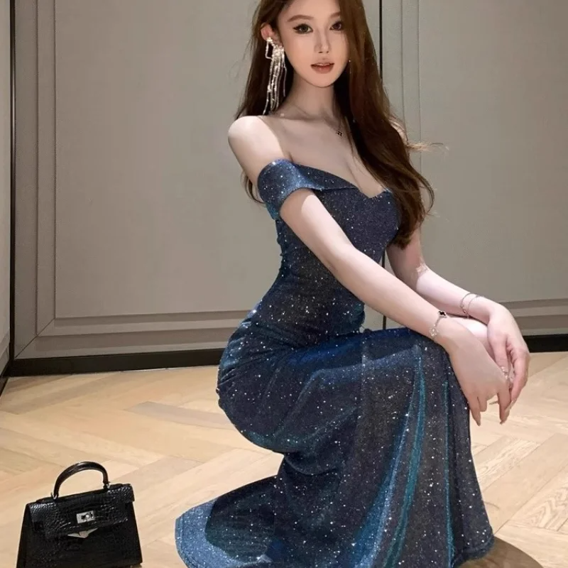 Sparkly Blue Off The Shoulder Sequin Satin Side Slit Mermaid Long Prom Dress Evening Dress D2495