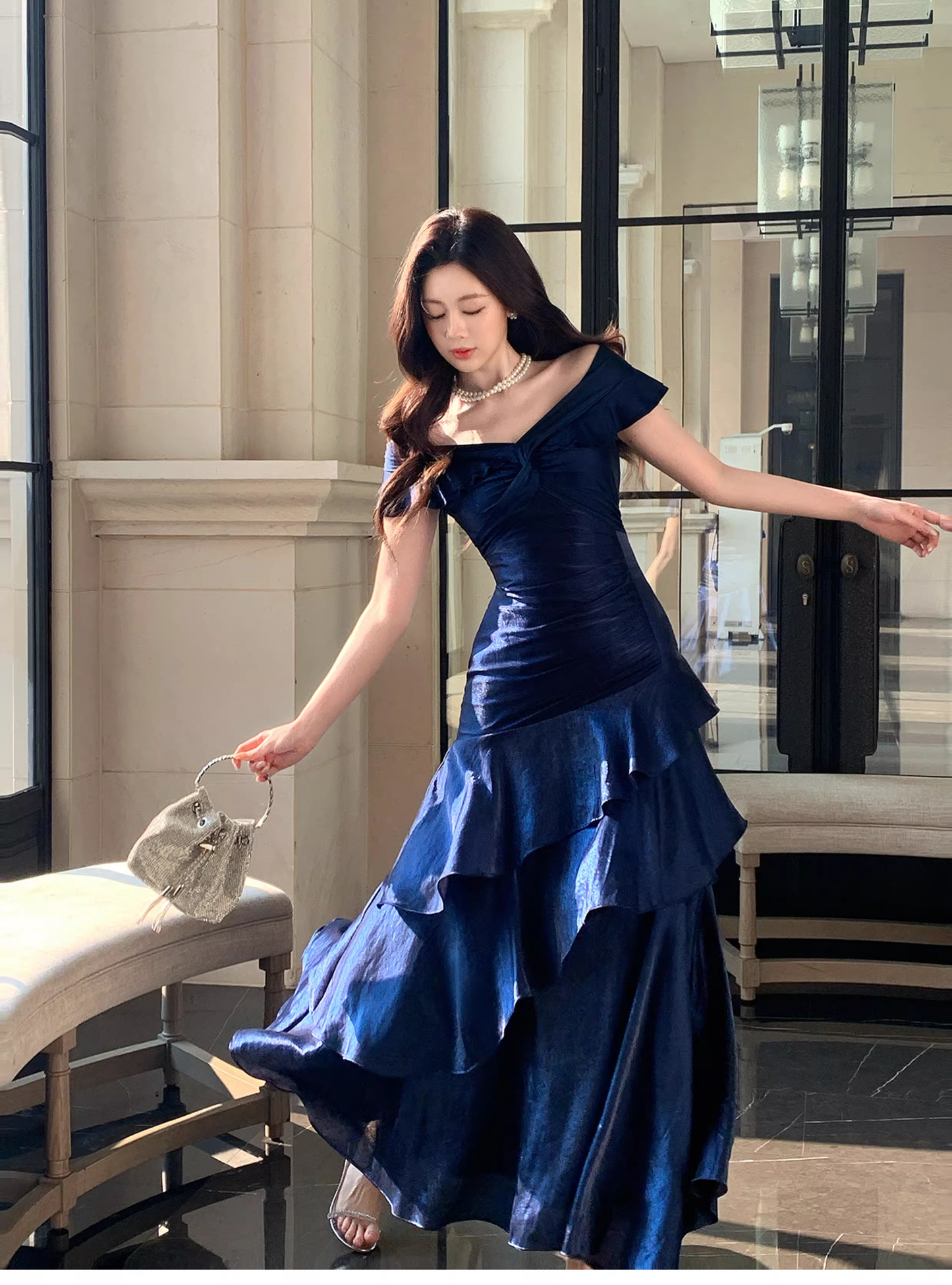 Stylish Navy Blue Off The Shoulder Satin Layered Ruffles Mermaid Long Evening Dress Prom Gown D2183