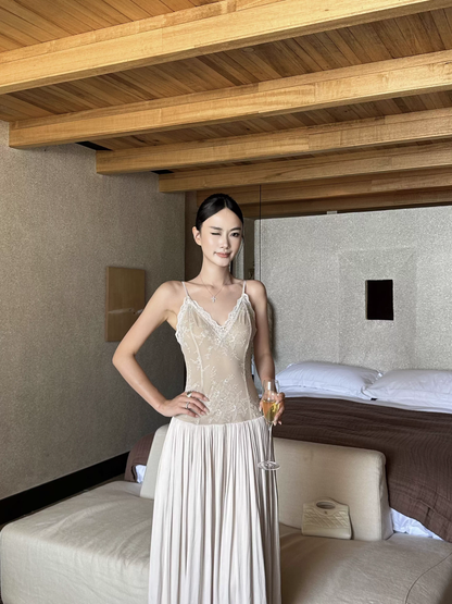 Unique Apricot Spaghetti Straps V Neck Lace Satin A Line Long Evening Dress Party Gown D2127