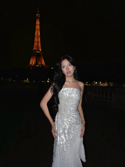 Charming Strapless White Chiffon Silver Sequin Mermaid Long Evening Dress Prom Dress D5303