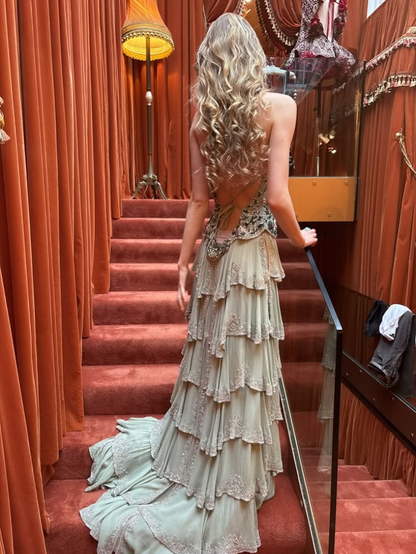 Pretty Mint Green Chiffon Beaded Layered Long Party Dress Evening Dress D4626
