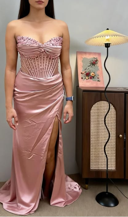 Pretty Pink Sweetheart Neck Satin Beaded Slit Mermaid Prom Dress Long Party Gown D2903