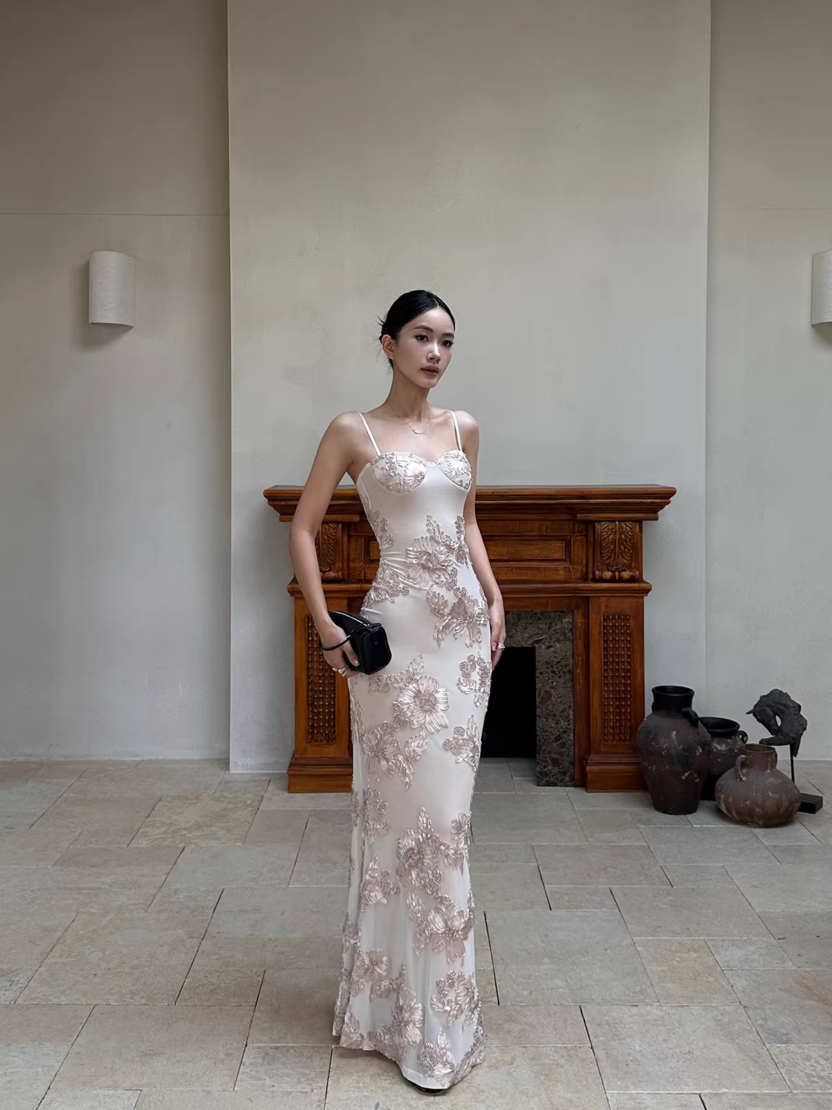 Unique Champagne Satin Floral Mermaid Evening Dress Spaghetti Straps Long Party Gown D2129