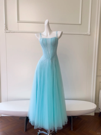 Classy Spaghetti Straps Tulle Lace A Line Evening Dress,Blue Long Wedding Guest Dress D2984