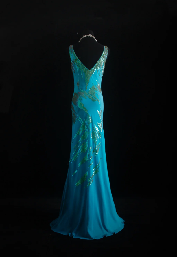 Unique Sleeveless Blue Satin Sequin Mermaid Evening Dress Long Birthday Party Dress Prom Gown D2006