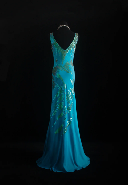 Unique Sleeveless Blue Satin Sequin Mermaid Evening Dress Long Birthday Party Dress Prom Gown D2006