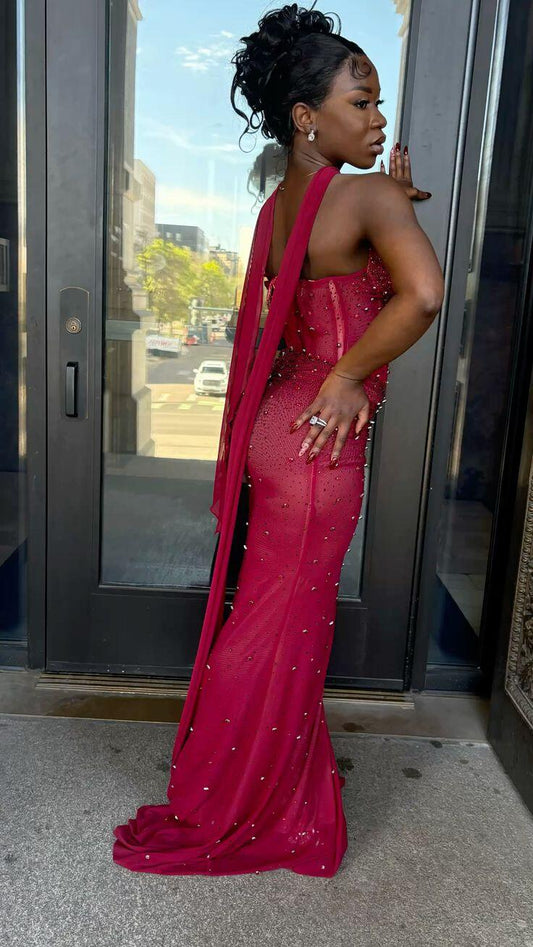 Glamorous Sweetheart Neck Chiffon Beaded Mermaid Long Evening Dress Burgundy Long Birthday Party Dress D4410