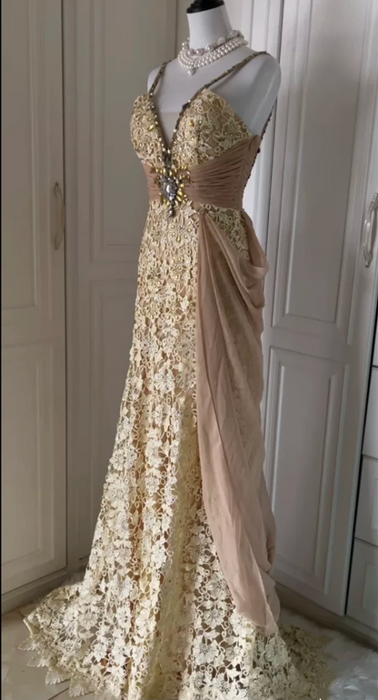 Vintage Spaghetti Straps Lace Chiffon Beaded Mermaid Evening Dress Long Prom Gown D3100