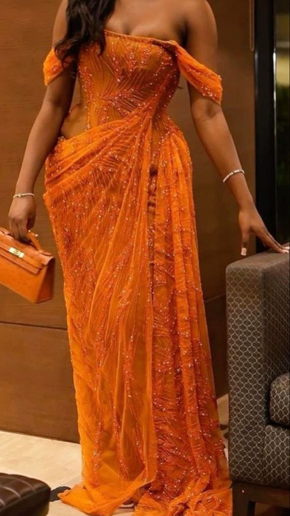 Pretty Off The Shoulder Orange Tulle Beaded Mermaid Evening Dress Long Wedding Guest Dress D2975