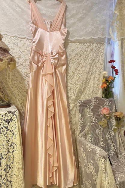Pretty Pink V Neck Satin Mermaid Long Wedding Guest Dress Formal Birthday Prom Dress Party Gown D2139