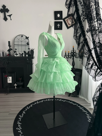 Classy Mint Green V Neck Tulle Layered Short Homecoming Dress,Mini 20th Birthday Outfits D3701