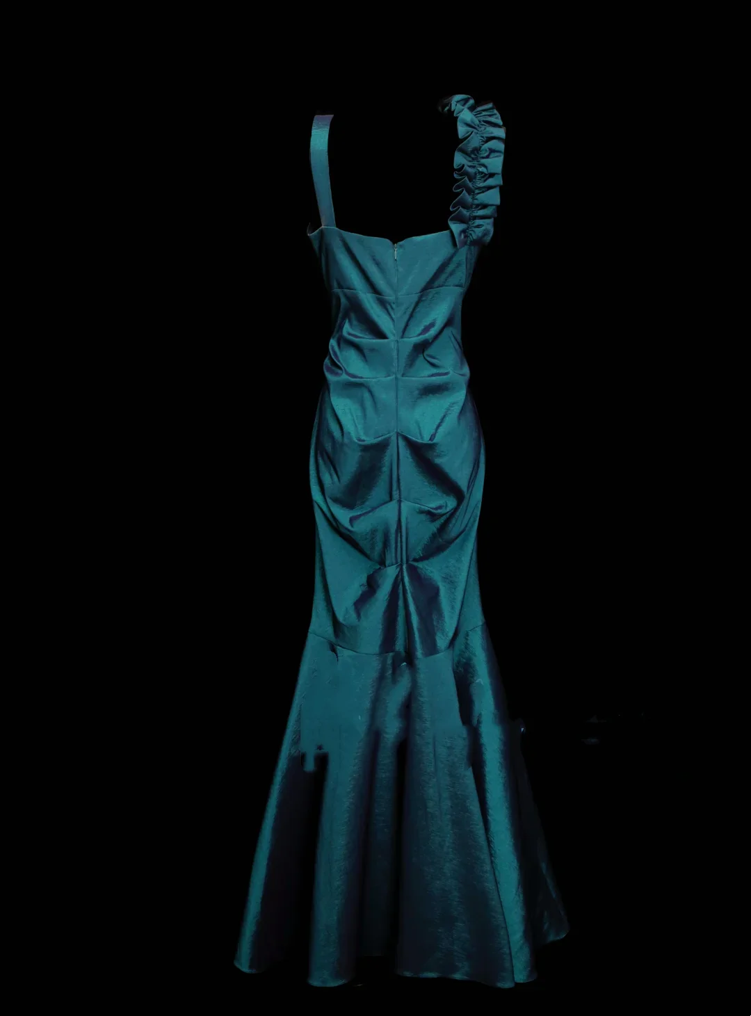 Vintage V Neck Blue Satin Pleated Mermaid Long Prom Dresses Party Dress D4880