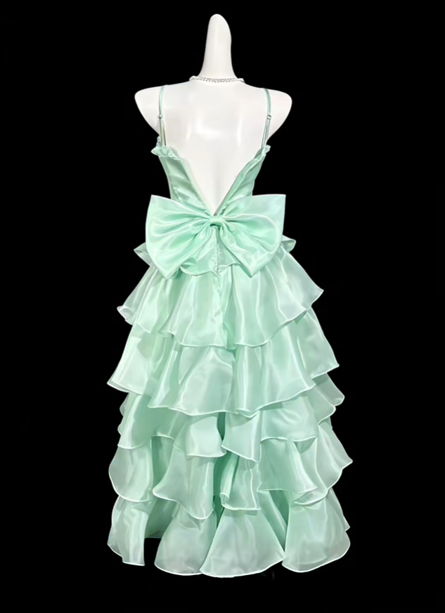 Elegant Spaghetti Straps Green Satin Tulle Layered Long Party Dress Evening Dress With Bow D4172