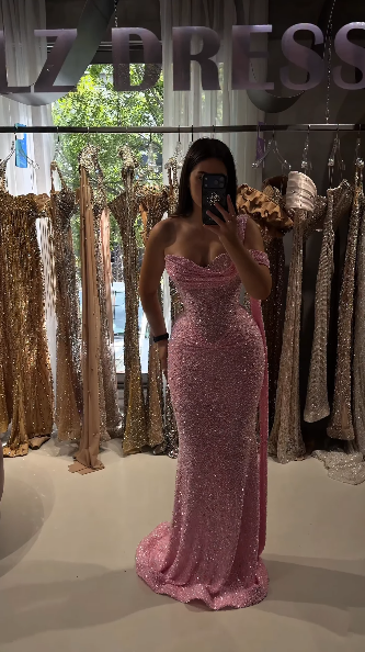 Luxurious Pink One Shoulder Sequin Mermaid Long Evening Dress Birthday Prom Dress D5254
