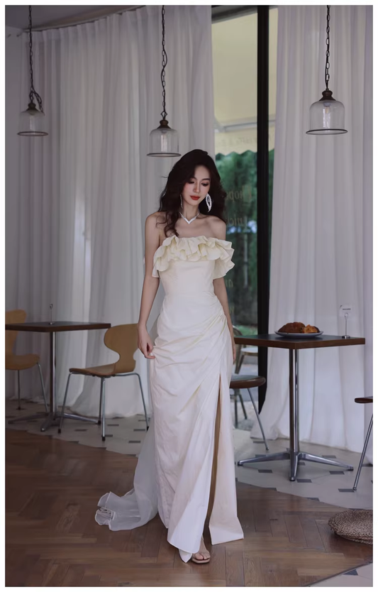 Elegant Beige Strapless Satin Pleated Mermaid Slit Long Evening Dress Birthday Party Dress With Bow D2418