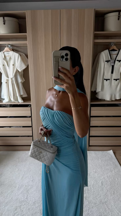Elegant Blue Strapless Chiffon Pleated Sheath Long Party Dress Birthday Prom Dress Dress With Scarf D4801