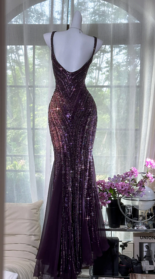 Vintage V Neck Dark Purple Chiffon Sequin Mermaid Long Party Gown Evening Dress D980