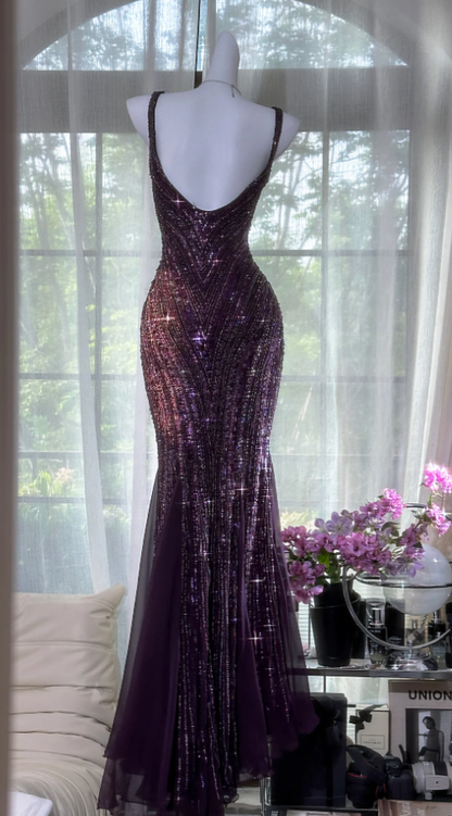 Vintage V Neck Dark Purple Chiffon Sequin Mermaid Long Party Gown Evening Dress D980