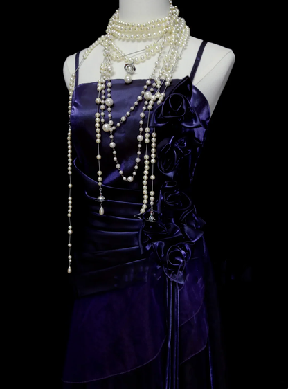 Chic Spaghetti Straps Grape With Flowers Long Prom Dresses Birthday Evening Dress D4515