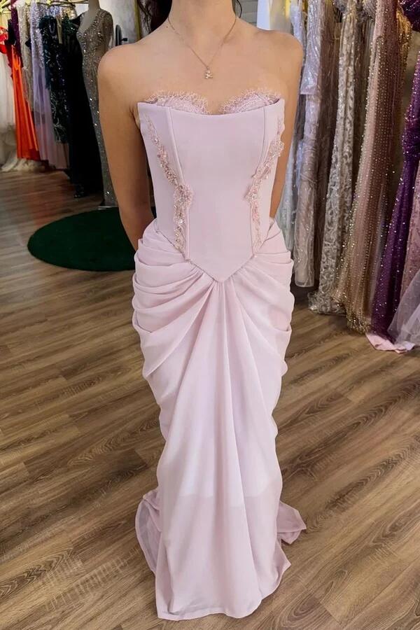 Charming Strapless Pink Satin Chiffon Mermaid Long Party Dress Evening Dress D4497