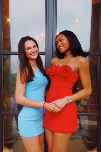 Chic Blue Strapless Satin Short Homecoming Dress,Formal 17th Birthday Outfits D3470