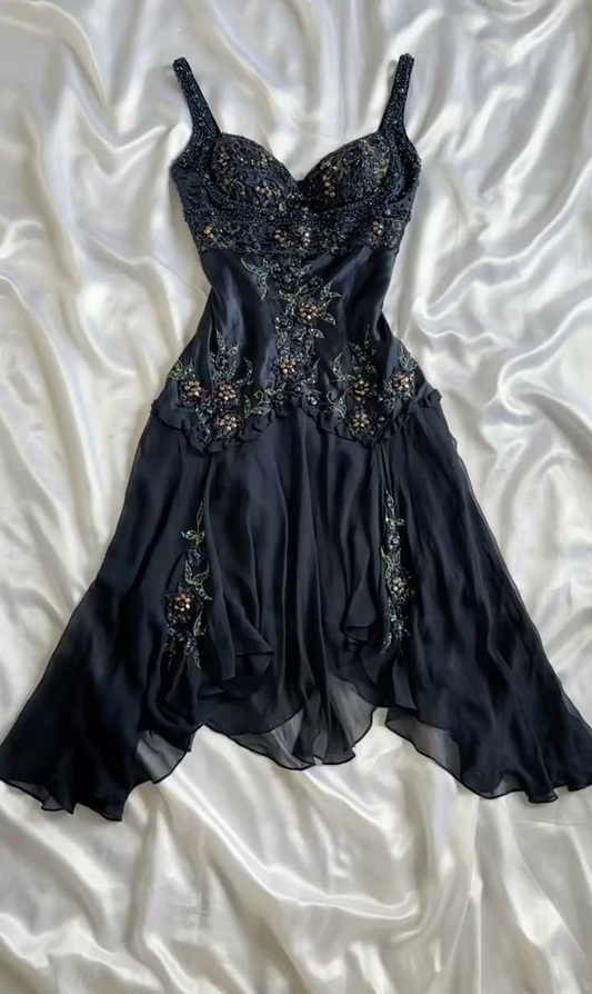 Vintage Navy Blue Satin Chiffon Beaded Short Party Dress Formal Homecoming Dress Cocktail Dress D074