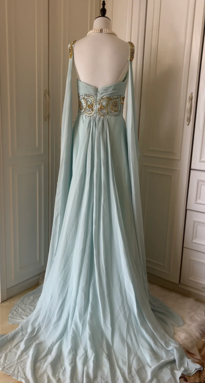 Elegant Blue V Neck Chiffon Beaded Long Evening Dress Prom Gown D3091
