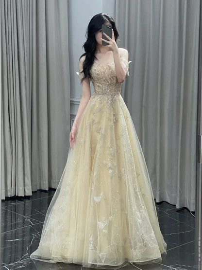 Sweet Off The Shoulder Tulle Sequin Beaded A Line Long Evening Dress Yellow Birthday Dress D2496