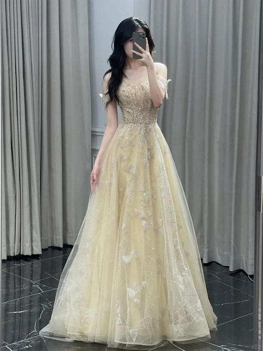 Sweet Off The Shoulder Tulle Sequin Beaded A Line Long Evening Dress Yellow Birthday Dress D2496
