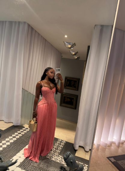 Pretty Spaghetti Straps Pink Satin Pleated A Line Party Dress Long Wedding Guest Dress D3552