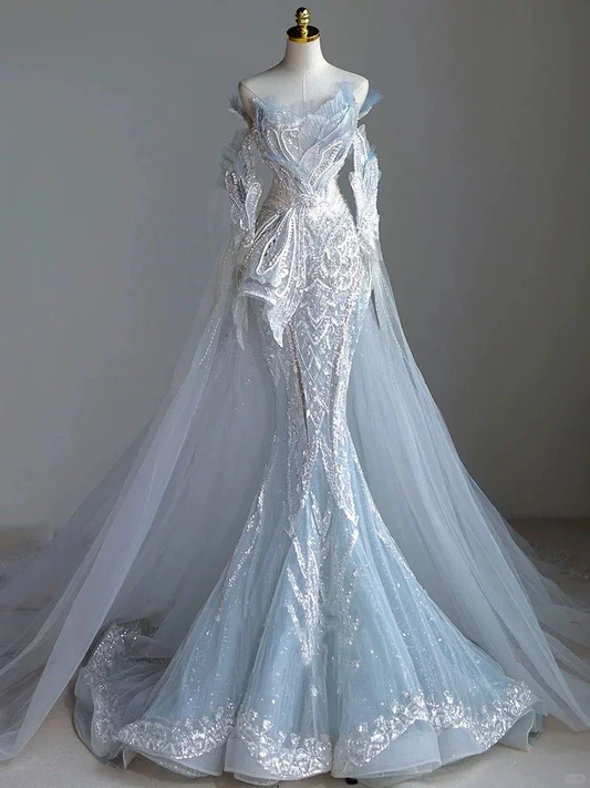 Beautiful Light Blue Off The Shoulder Tulle Sequin Lace Mermaid Long Wedding Dress D5083