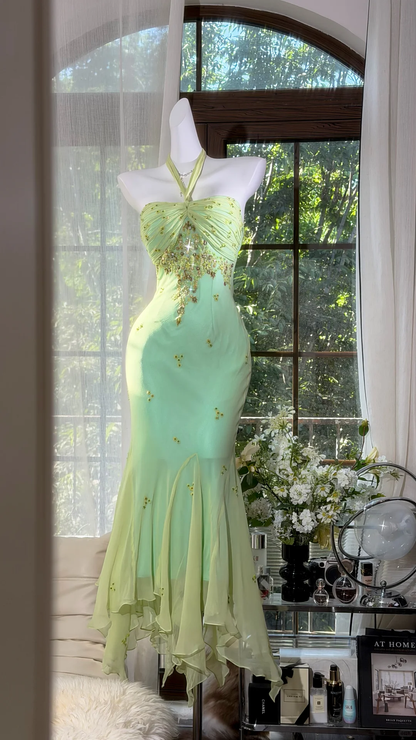 Elegant Halter Light Green Chiffon Beaded Mermaid Long Party Dress Prom Gown D2934