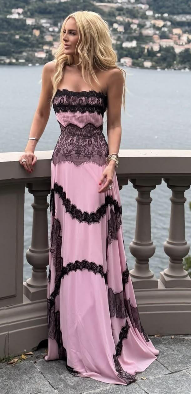 Vintage Strapless Pink Chiffon Lace Long Party Dress Evening Dress D3797