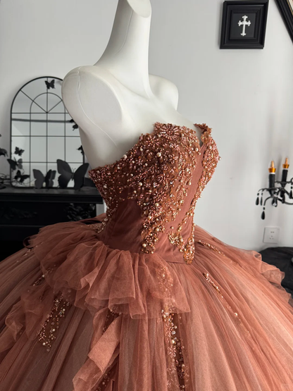 Retro Caramel Strapless Tulle Beaded Long Birthday Quinceanera Dress Sweet 16 Dress D4713