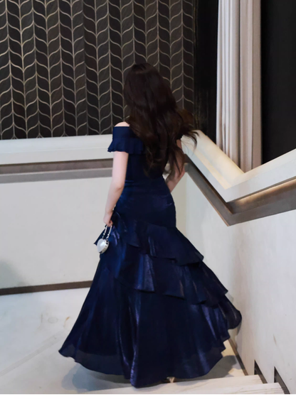 Stylish Navy Blue Off The Shoulder Satin Layered Ruffles Mermaid Long Evening Dress Prom Gown D2183