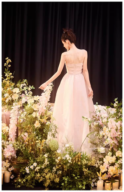 Sweet Pink Spaghetti Straps Tulle Beaded A Line Long Evening Dress Formal 20th Birthday Outfits D2457