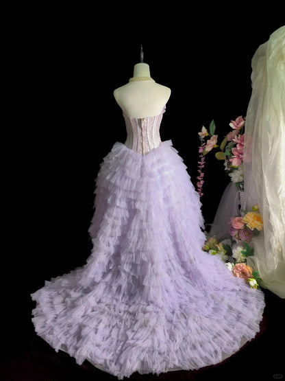 Glamorous Lilac Strapless Lace Tulle Layered Formal Graduation Homecoming Dress Birthday Dress D3155