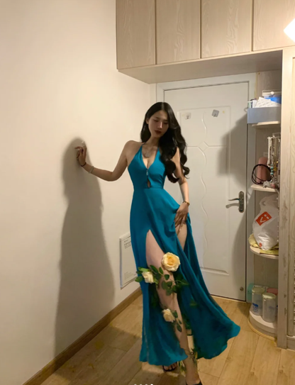 Chic Blue Halter V Neck Satin Slit Mermaid Evening Dress Long Party Gown  D849