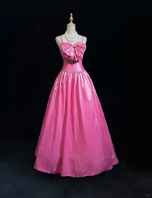 Cute Hot Pink Spaghetti Straps Satin Beaded Long Party Dress Prom Gown D2846