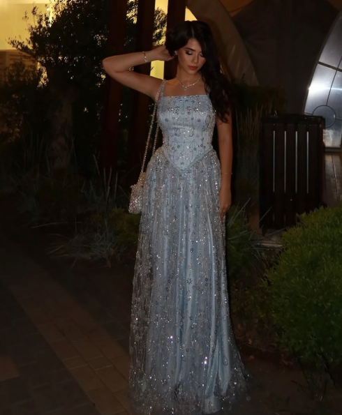 Sparkly Spaghetti Straps Blue Satin Tulle Sequin A Line Long Evening Dress Party Gown D2976