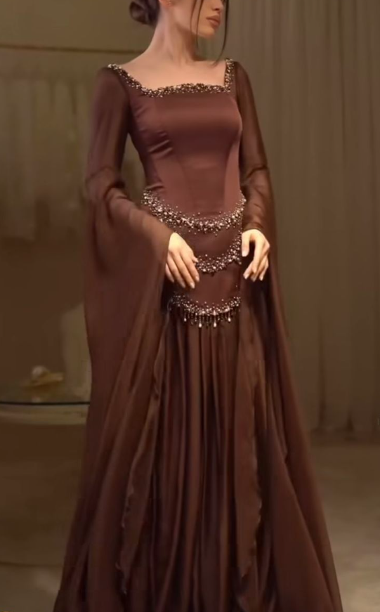 Vintage Square Neck Brown Satin Chiffon Beaded Mermaid Evening Dress Long Prom Gown D1072