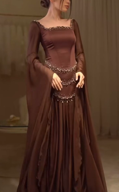 Vintage Square Neck Brown Satin Chiffon Beaded Mermaid Evening Dress Long Prom Gown D1072